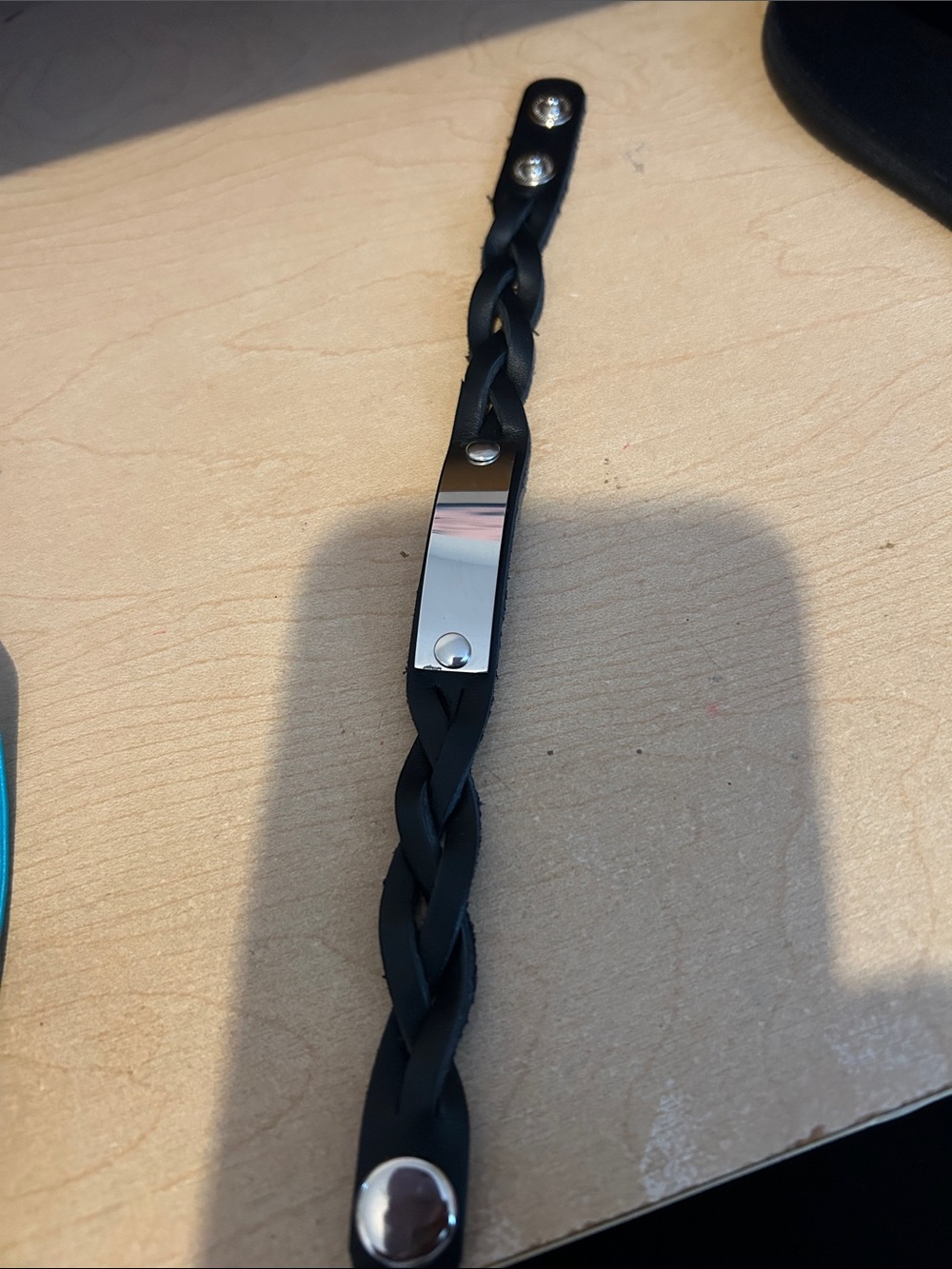Braided Black Leather Bracelet with Silver Plate